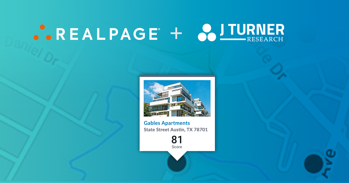 RealPage and J Turner Research logos with a detailed view of Gables Apartments and its score of 81.