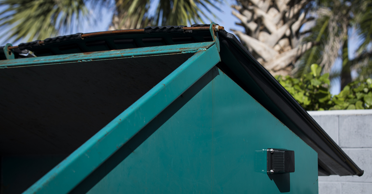 Side view of a green dumpster with a partially open lid, surrounded by palm trees and low vegetation.