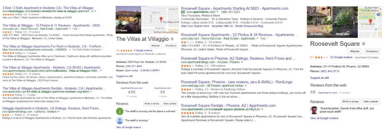 Search results displaying information for The Villas at Villaggio and Roosevelt Square apartments, including ratings and reviews.