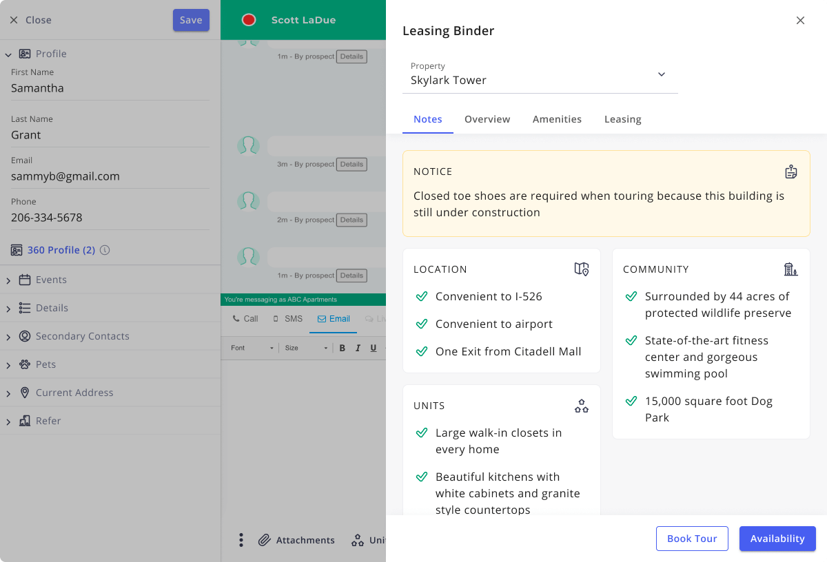 Screenshot of a leasing binder for Skylark Tower with contact details and property amenities.