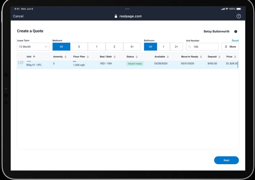 Screenshot of a rental quote interface listing a unit with details on lease terms, amenities, and pricing.