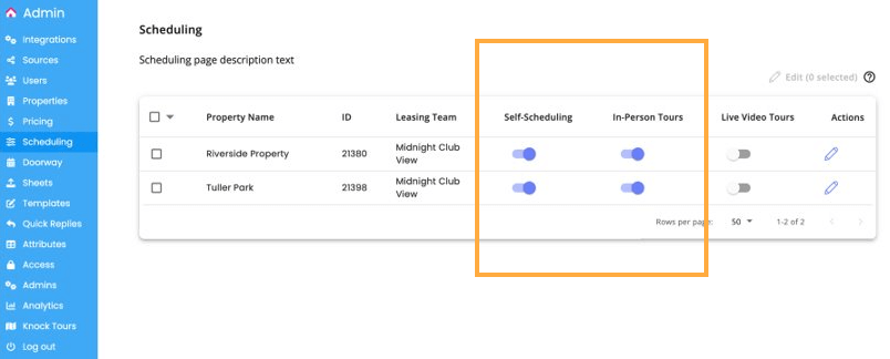 Admin dashboard displaying a scheduling page with properties, IDs, leasing terms, and tour options.