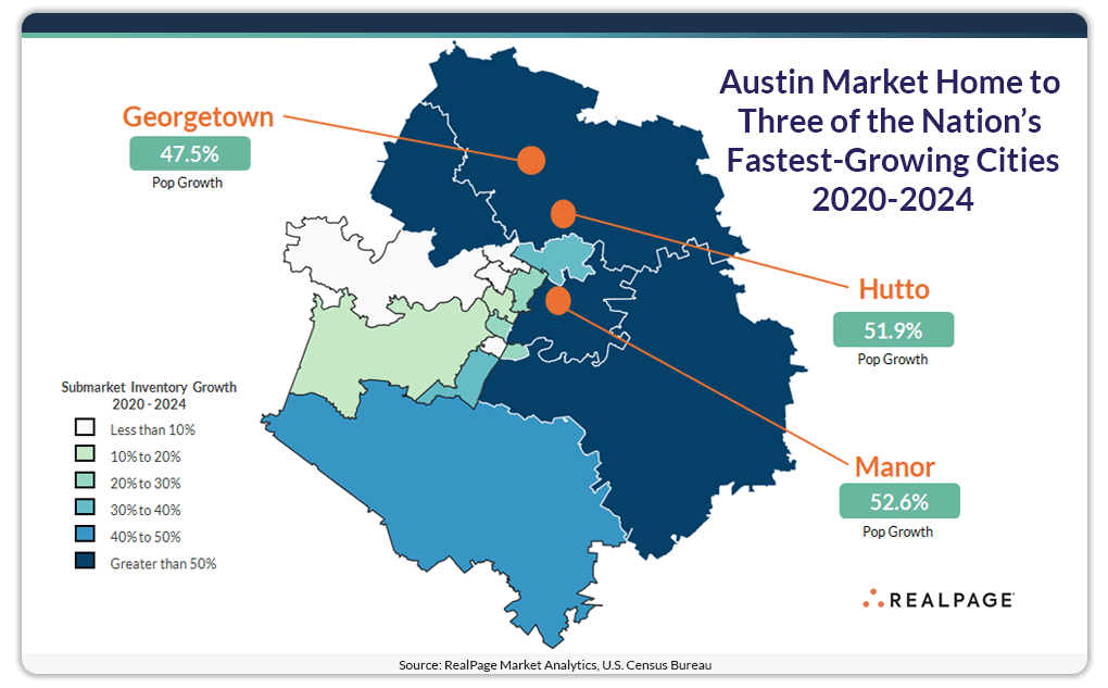 Map of Austin's fastest growing cities.
