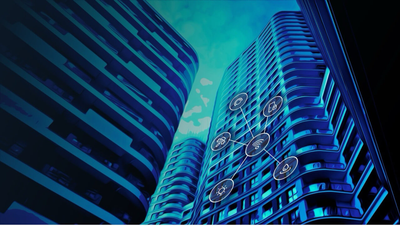 Stylized graphic of modern buildings with icons representing smart technology features like Wi-Fi and security.