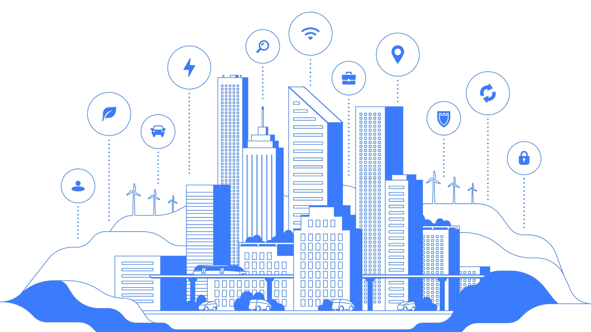 Illustration of a modern city skyline connected to various smart technology icons, depicting urban innovation.
