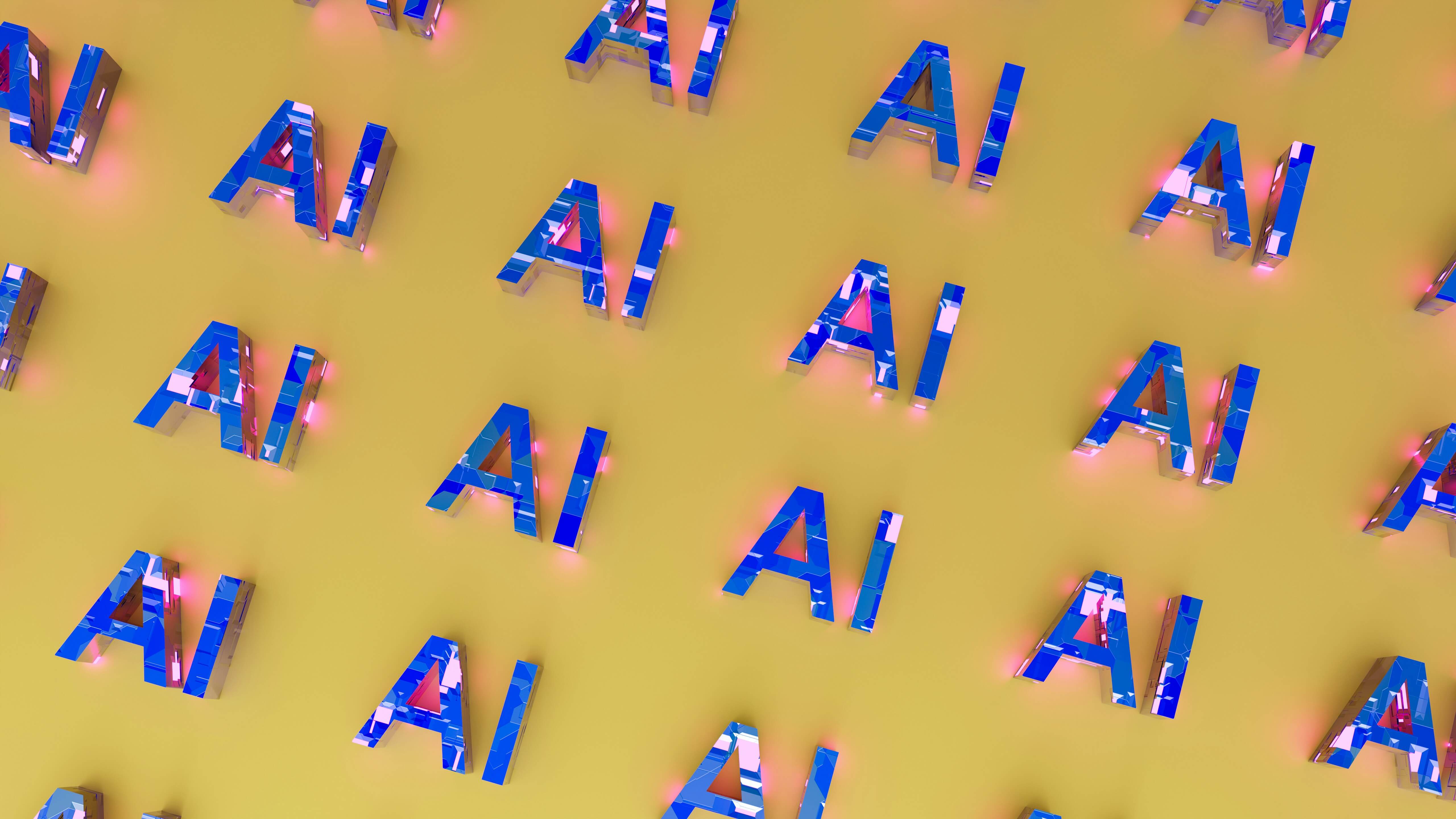 Stylized 3D letters spelling 'AI' in blue with a glossy finish on a yellow background.
