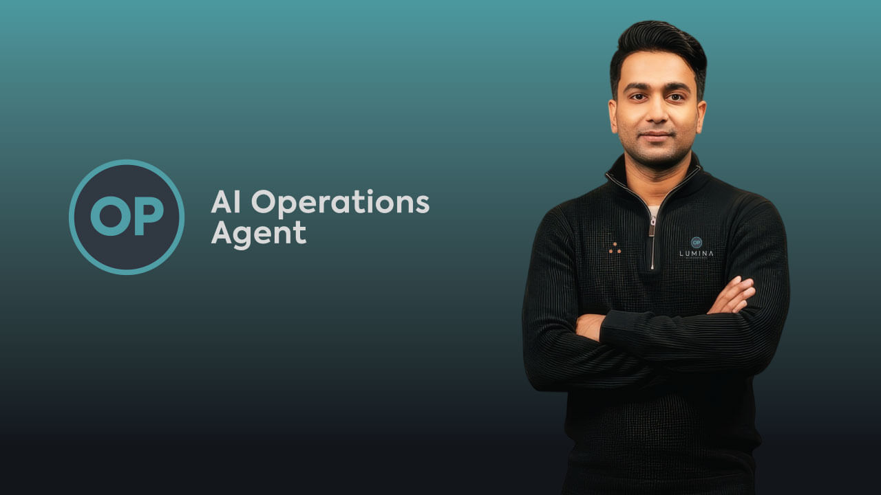 A man in a black sweater with arms crossed, beside text 'AI Operations Agent' and a logo.