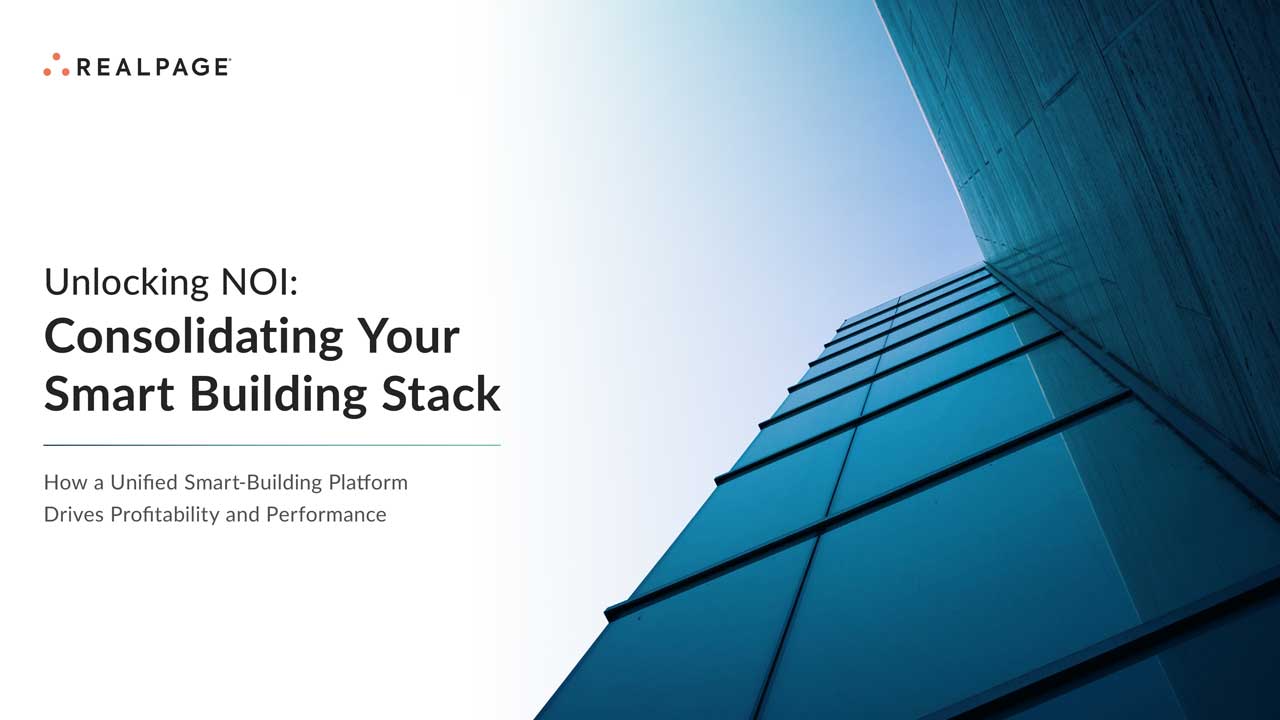 Ebook cover titled "Unlocking NOI: Consolidating Your Smart Building Stack" with a modern building facade.