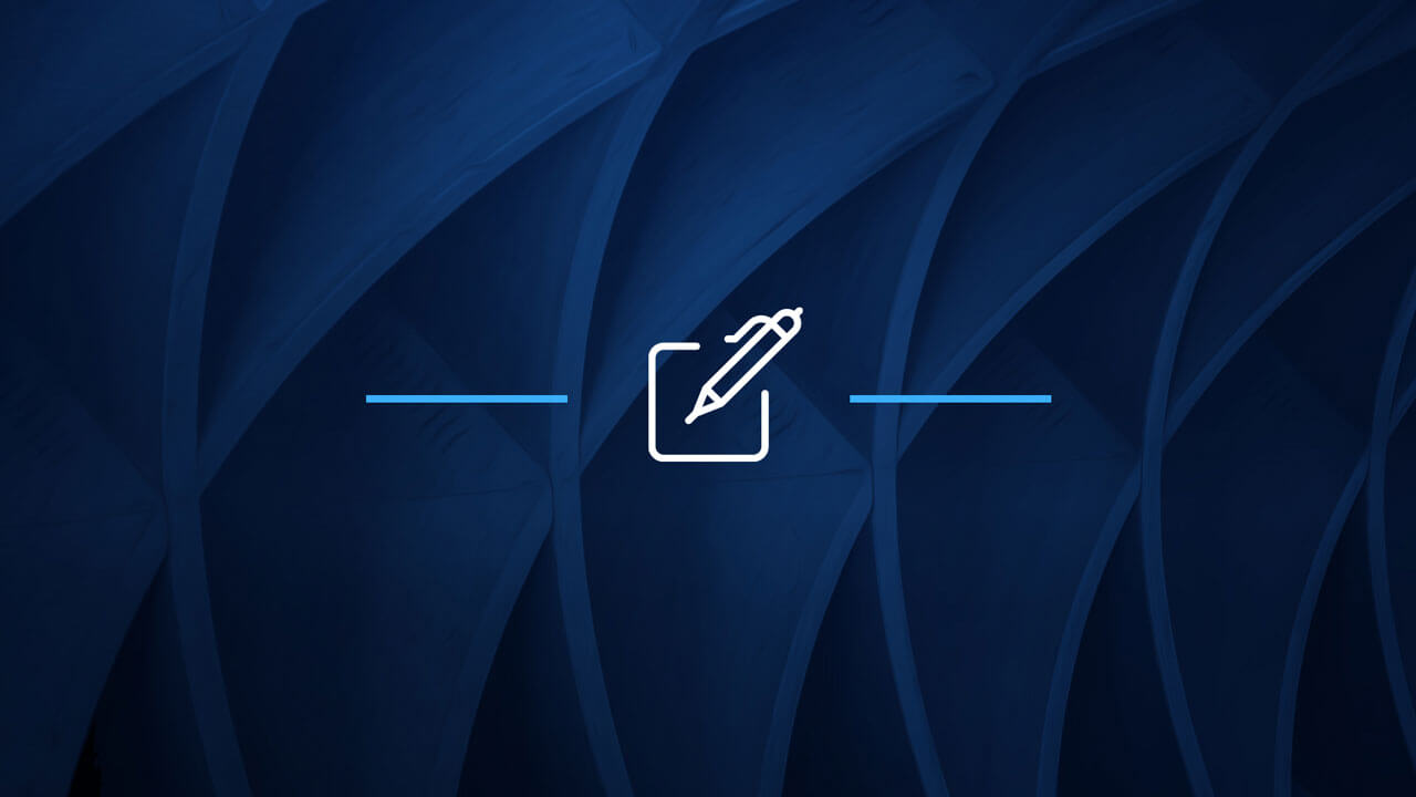 Abstract blue background with a white pencil icon enclosed in a square and horizontal lines.