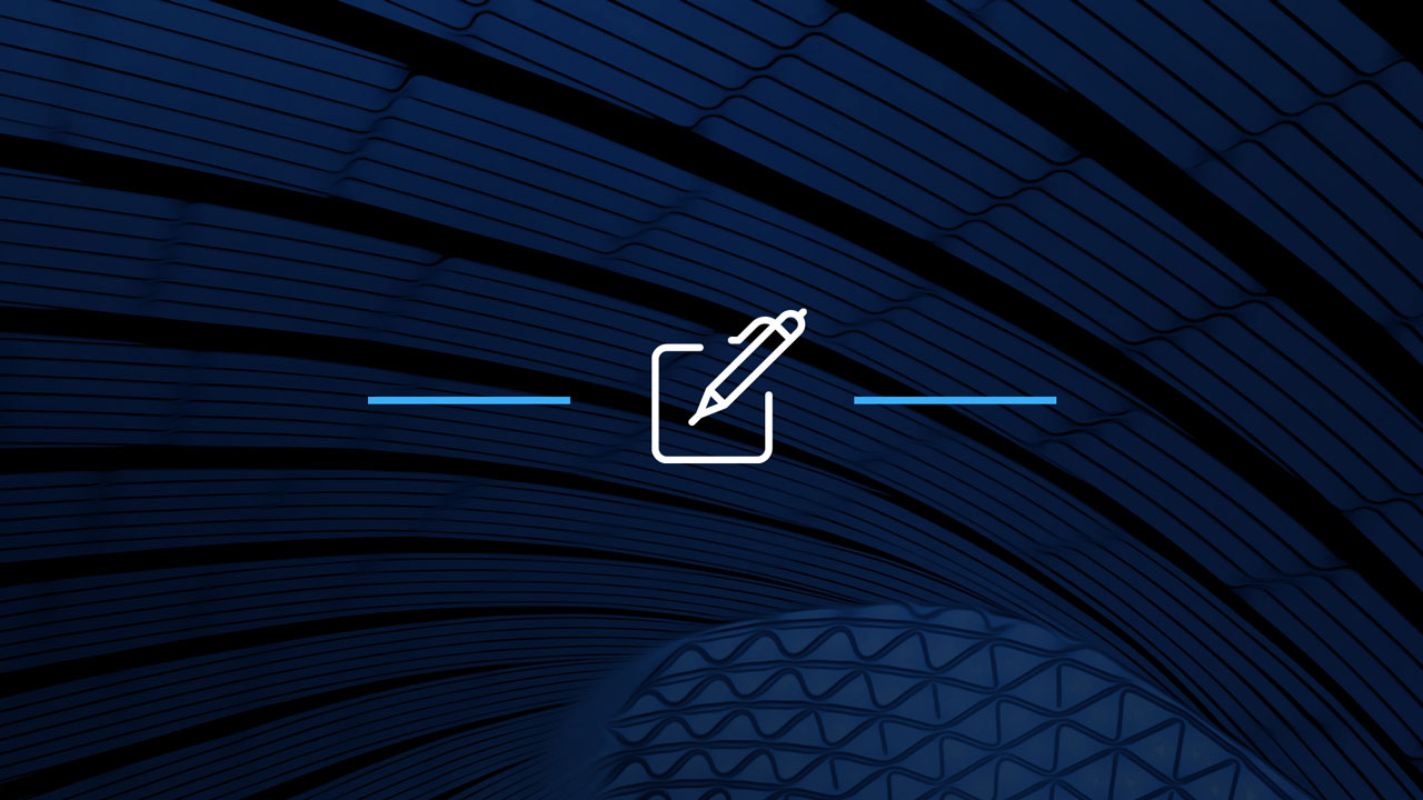 Abstract background featuring blue curves with a white pencil icon in a square outline.