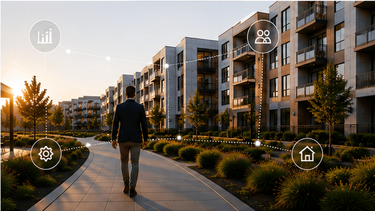 A person walks along a pathway in an apartment complex, with icons representing data, community, and home.