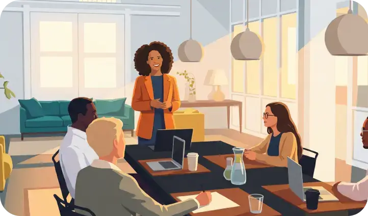 A diverse group of four people in a bright meeting room, engaged in discussion with a woman standing and presenting.
