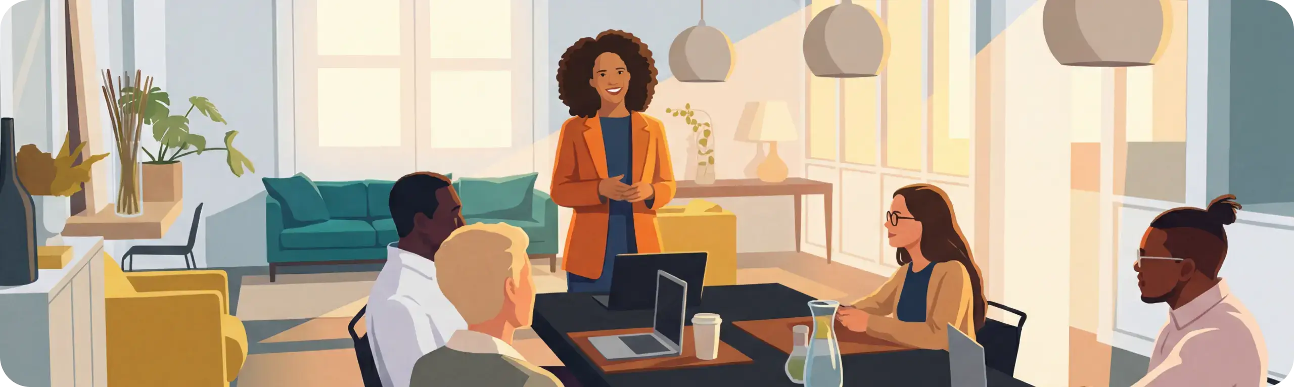 A diverse group of four people in a bright meeting room, engaged in discussion with a woman standing and presenting.