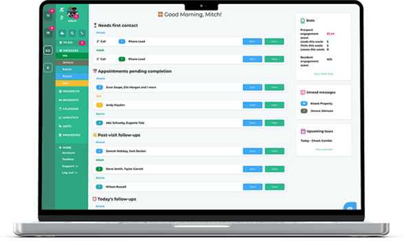 Dashboard interface displaying tasks, appointments, messages, and follow-up actions for a CRM system.
