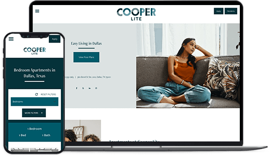 Mockup of a responsive apartment rental website shown on a smartphone and laptop, featuring a young woman.
