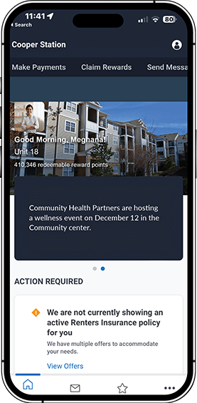 Screenshot of a mobile app displaying a greeting, redeemable points, and a notice about renters insurance.
