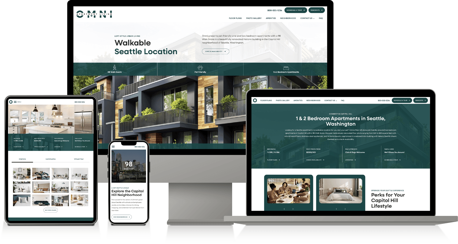 Screenshots of a real estate website showcasing Omni Apartments in Seattle, featuring apartment details and amenities.