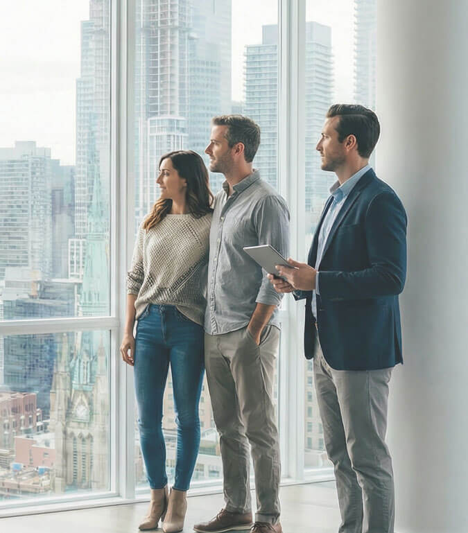 A man and woman standing by a large window, overlooking a city skyline, while a third man holds a tablet.