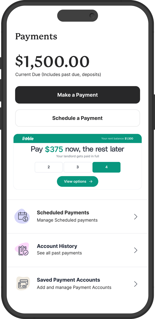 Mobile app interface showing payment options and account balance of $1,500 for rent.