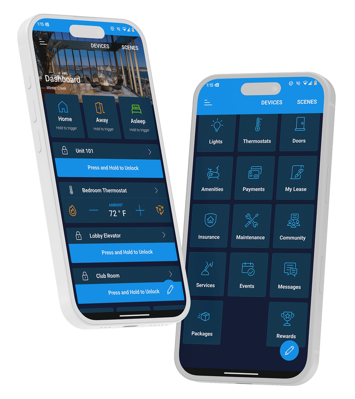 Two smartphones displaying a smart building app interface with options for devices and scenes.