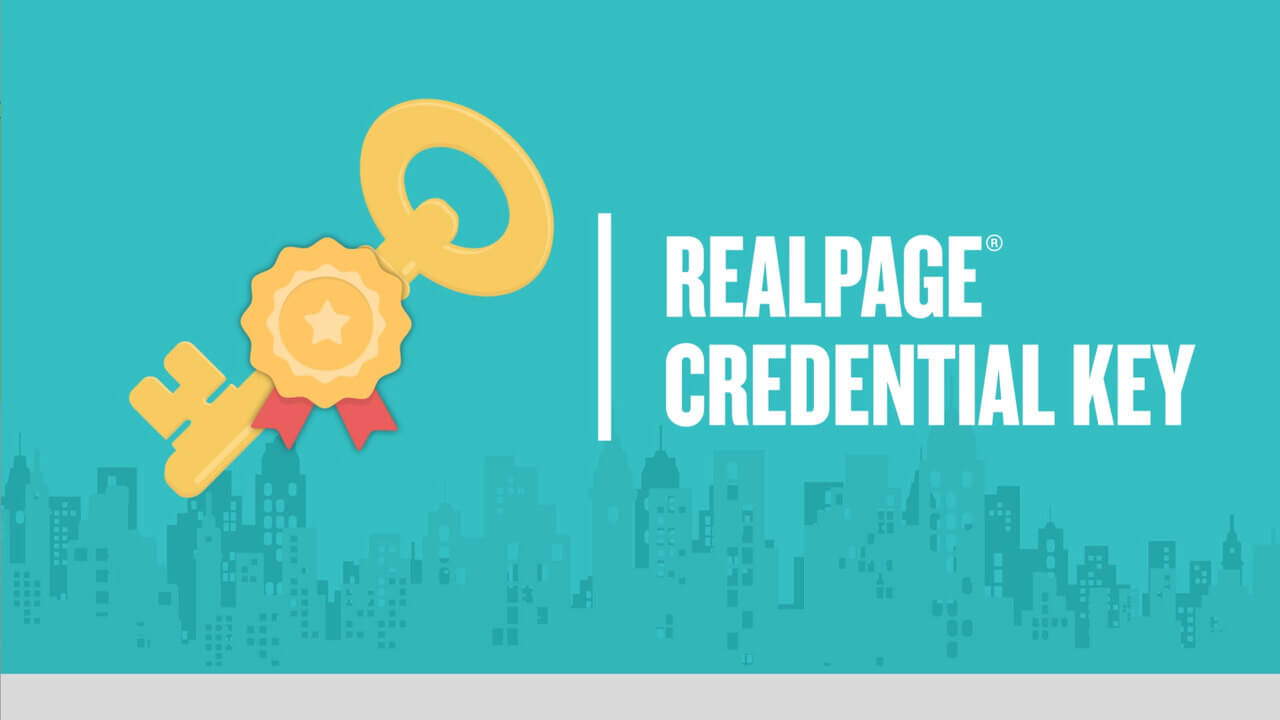 Graphic featuring a large key and a medallion, labeled 'RealPage Credential Key' over a city skyline.