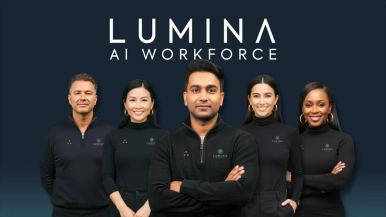 Five professionals posing in dark attire with the text 'LUMINA AI WORKFORCE' displayed prominently.