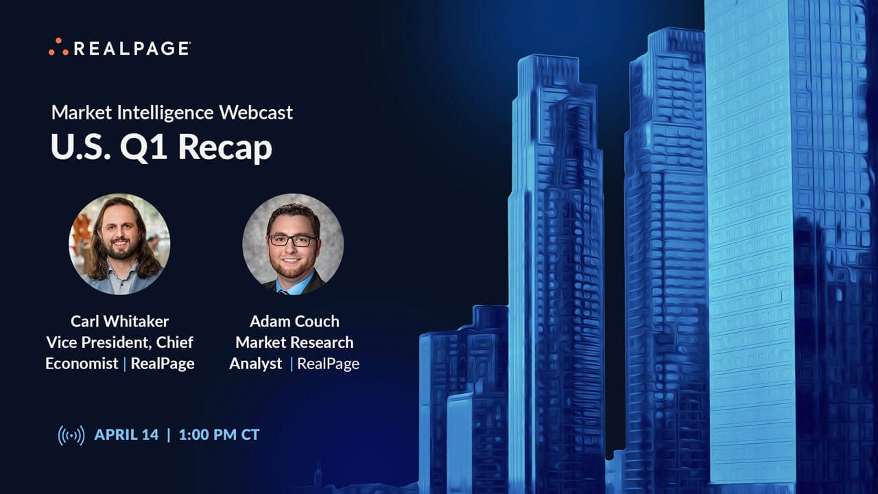 Webcast cover for U.S. Q1 recap featuring Carl Whitaker and Adam Couch, with skyline background.