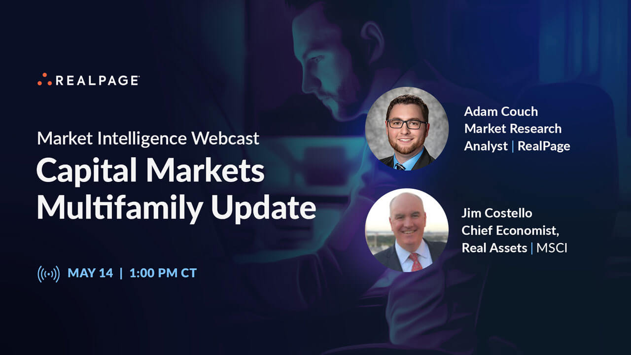 Webcast promotion featuring speakers Adam Couch and Jim Costello discussing capital markets, scheduled for May 14.