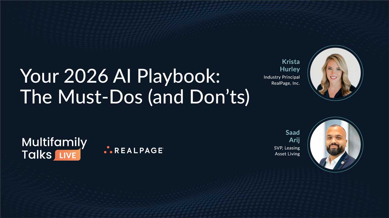 Banner for Multifamily Talks Live featuring title 'Your 2026 AI Playbook' with speakers Krista Hurley and Saad Arij.