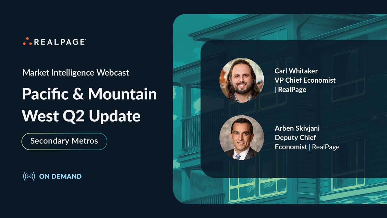 Promotional graphic for a webcast on Pacific &amp; Mountain West Q2 Market Intelligence featuring Carl Whitaker and Arben Skivjani.