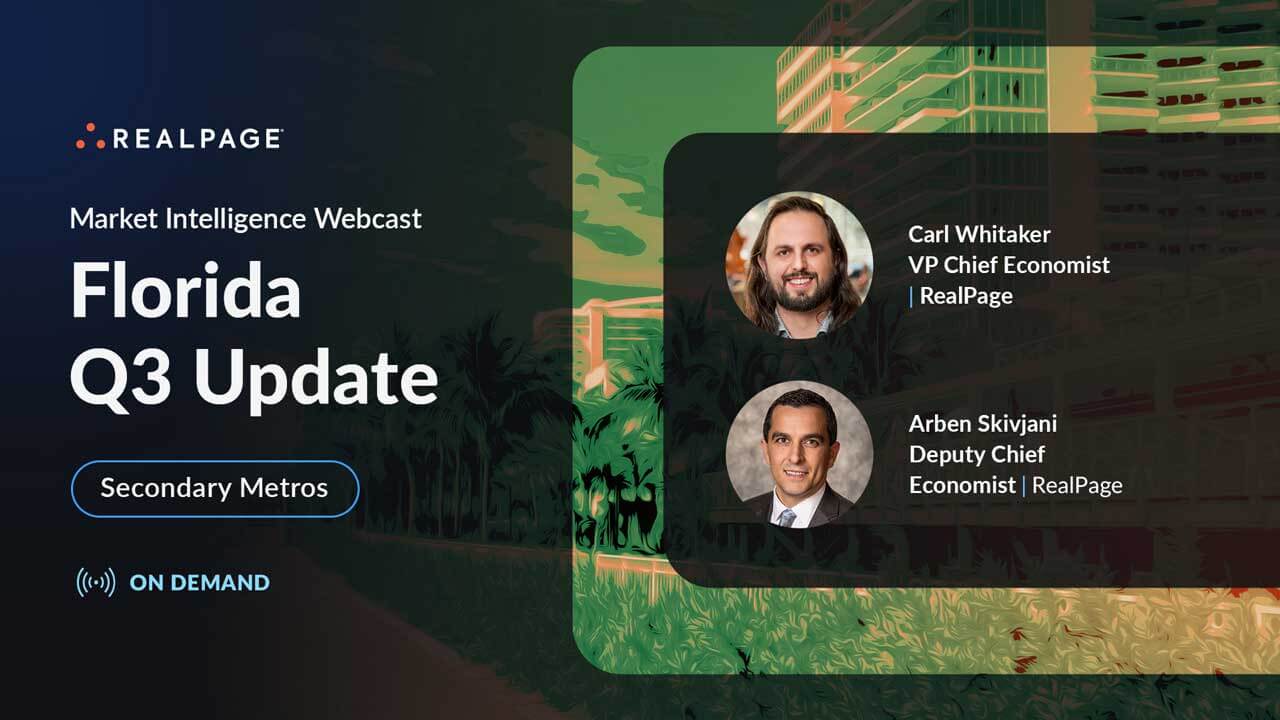 Webcast cover for RealPage's Florida Q3 Update featuring Carl Whitaker and Arben Skivjani.