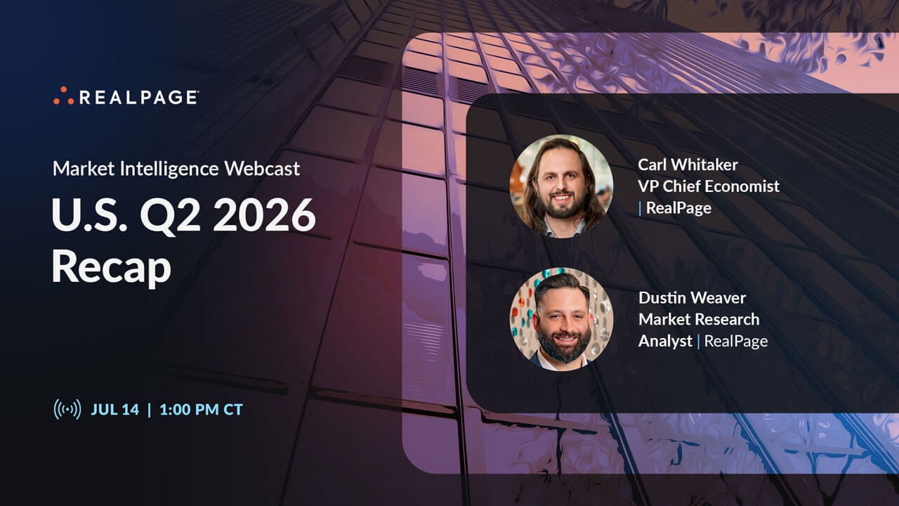 Webcast cover for U.S. Q2 2026 recap by RealPage featuring Carl Whitaker and Dustin Weaver.