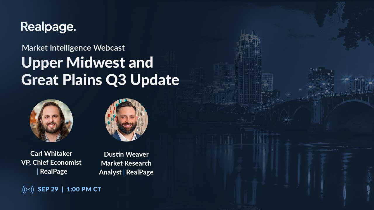 Webcast cover for RealPage's Q3 update on the Upper Midwest and Great Plains, featuring Carl Whitaker and Dustin Weaver.