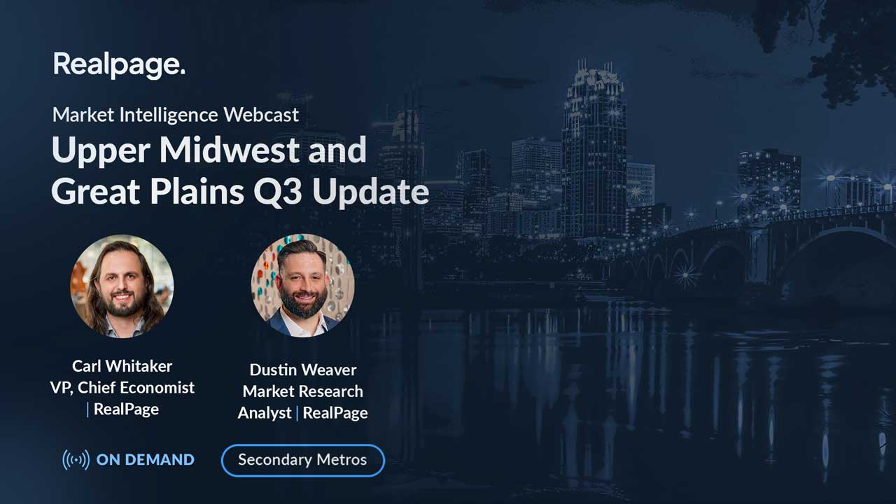 Webcast cover featuring titles and speakers for the Upper Midwest and Great Plains Q3 Update by RealPage.