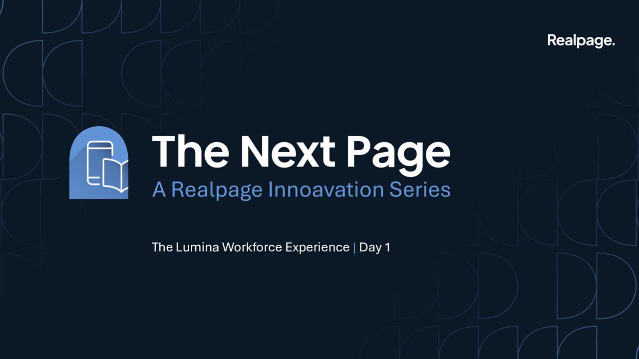 Webcast cover for 'The Next Page', a Realpage Innovation Series, highlighting Day 1 of The Lumina Workforce Experience.