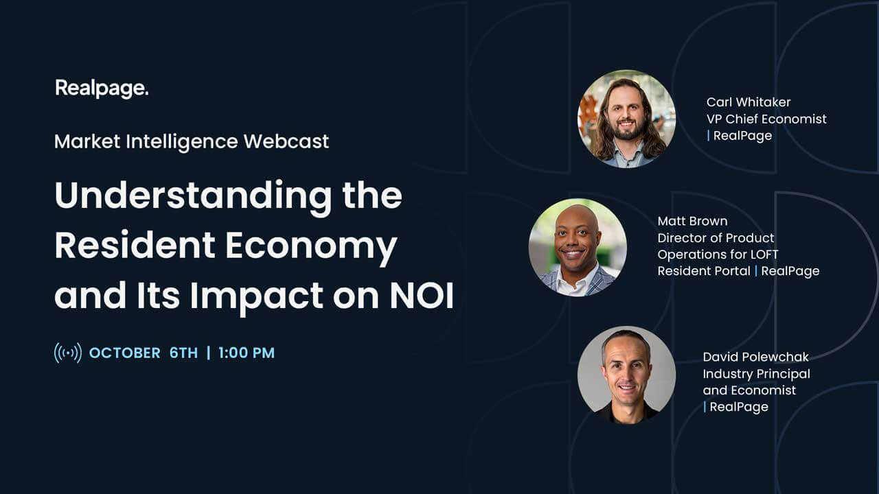 Webcast cover for Realpage titled 'Understanding the Resident Economy and Its Impact on NOI', featuring three speakers.