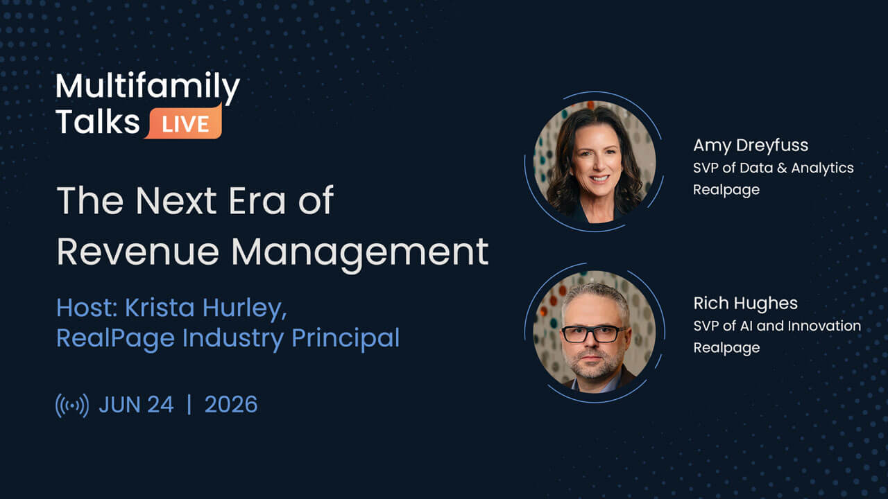 Promotional graphic for 'Multifamily Talks Live' featuring Amy Dreyfuss and Rich Hughes discussing revenue management.